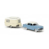 Opel Kapitan 1954 bleue / toit blanc + caravane Eriba - H0